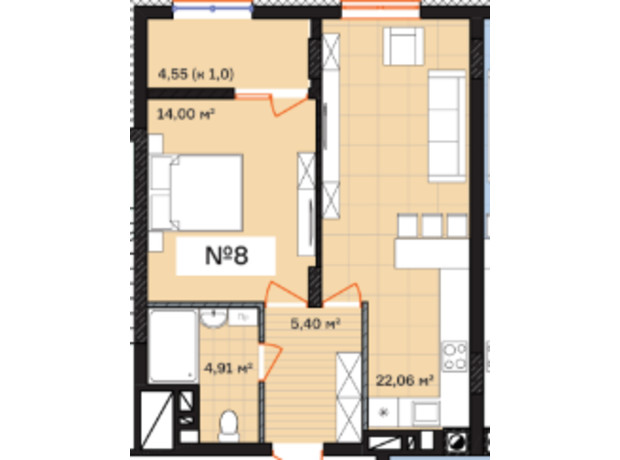 ЖК Франко: планировка 1-комнатной квартиры 50.93 м²