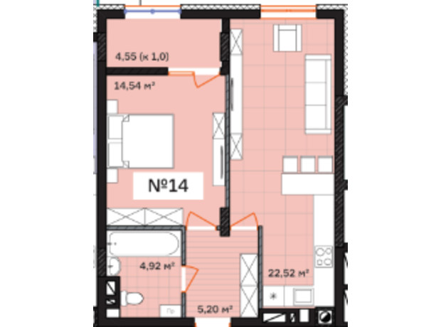 ЖК Франко: планировка 1-комнатной квартиры 51.73 м²