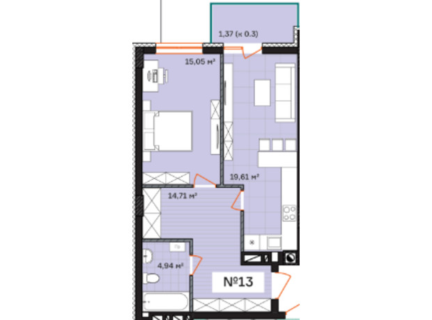 ЖК Франко: планировка 1-комнатной квартиры 55.68 м²