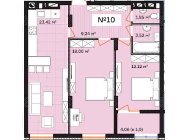 ЖК Франко: планировка 2-комнатной квартиры 73.21 м²