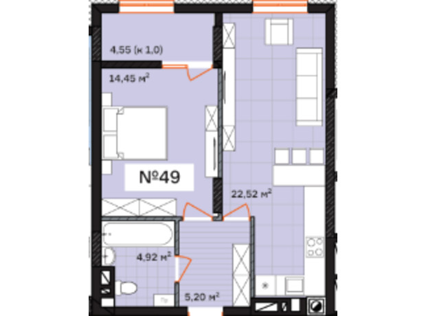 ЖК Франко: планування 1-кімнатної квартири 51.64 м²