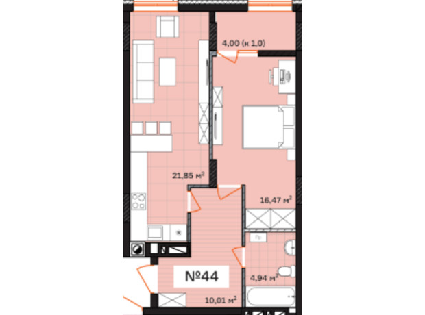 ЖК Франко: планування 1-кімнатної квартири 57.28 м²