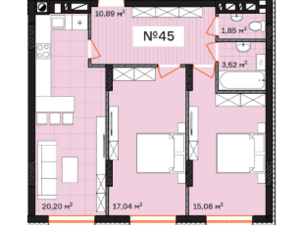 ЖК Франко: планировка 2-комнатной квартиры 68.57 м²