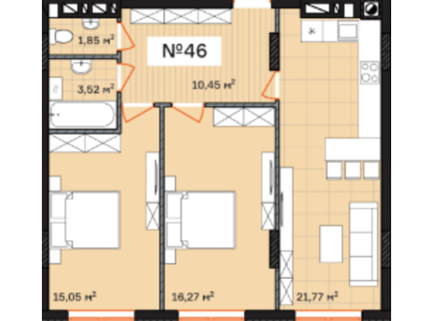 ЖК Франко: планировка 2-комнатной квартиры 68.91 м²