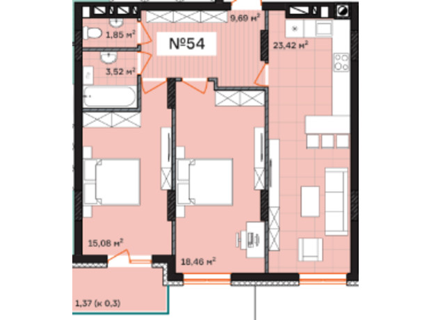 ЖК Франко: планировка 2-комнатной квартиры 73.39 м²