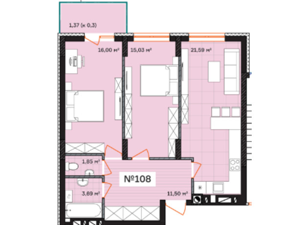 ЖК Франко: планування 2-кімнатної квартири 71.03 м²