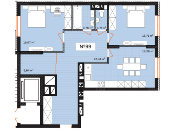 ЖК Франко: планировка 2-комнатной квартиры 82.53 м²