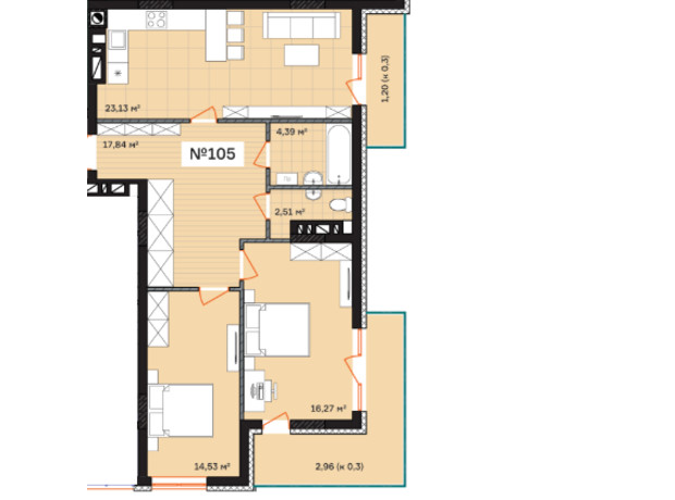 ЖК Франко: планировка 2-комнатной квартиры 82.82 м²