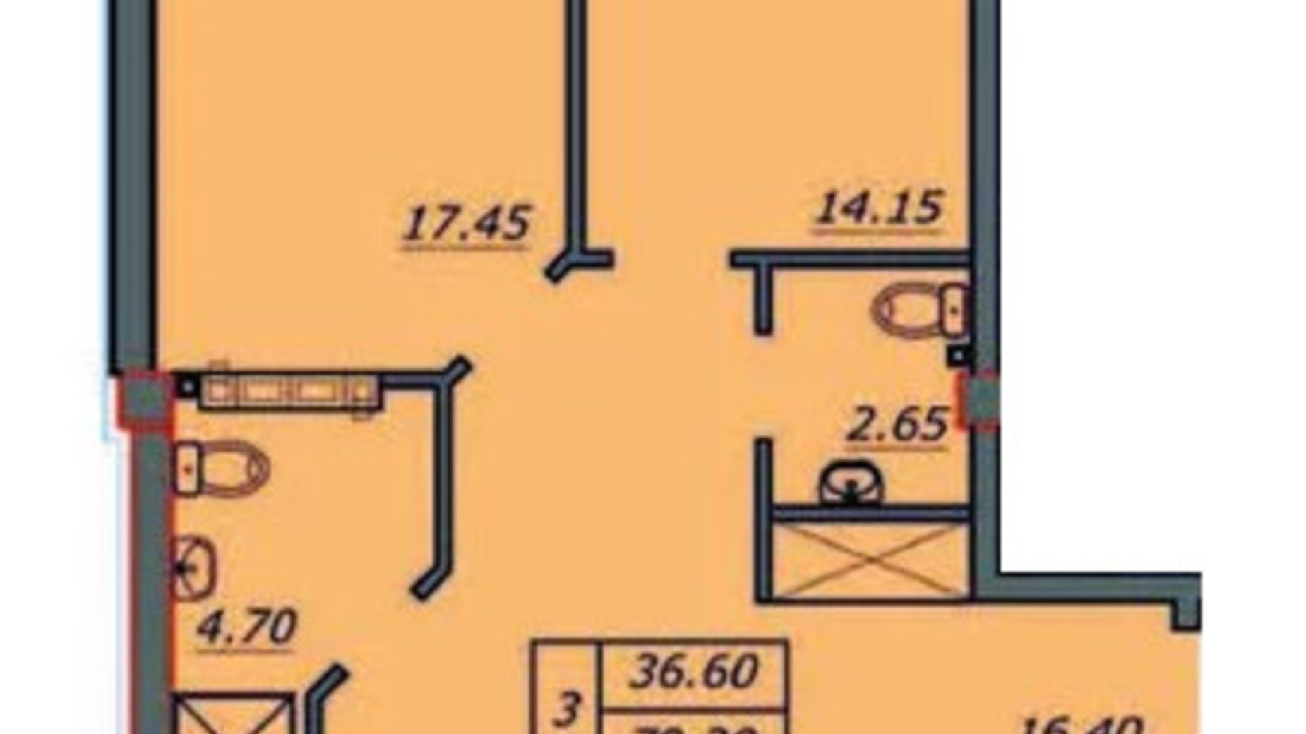 Планировка 3-комнатной квартиры в ЖК Лидерсовский 79.3 м², фото 583798