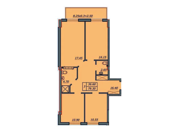 ЖК Лидерсовский: планировка 3-комнатной квартиры 79.3 м²