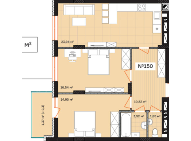 ЖК Франко: планировка 2-комнатной квартиры 72.99 м²