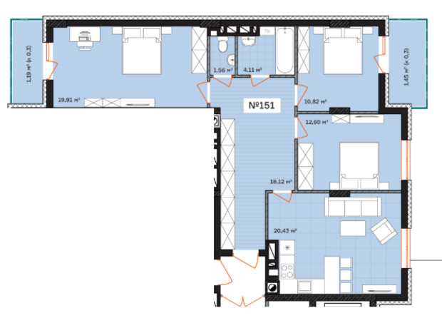 ЖК Франко: планування 3-кімнатної квартири 90.19 м²