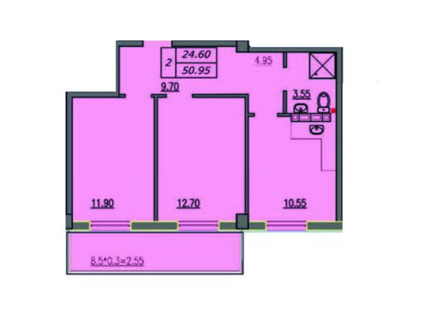 ЖК Лидерсовский: планировка 2-комнатной квартиры 51.4 м²