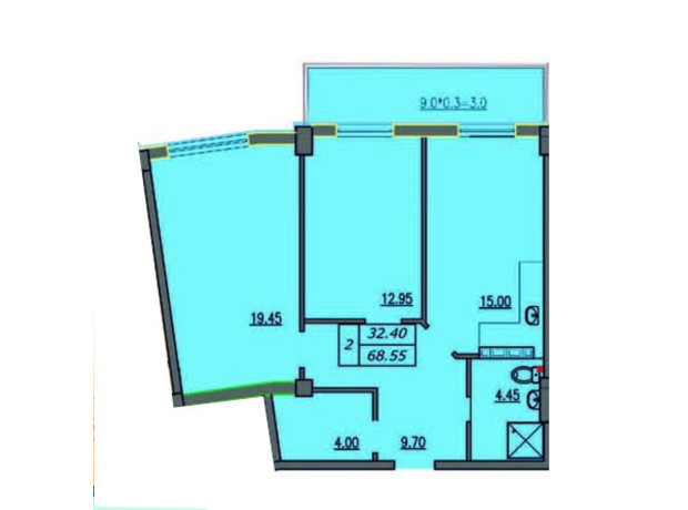 ЖК Лідерсівський: планування 2-кімнатної квартири 68.55 м²