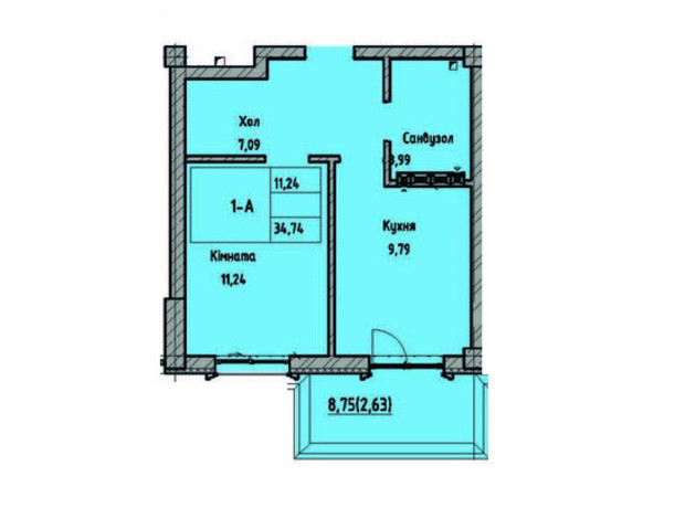 ЖК Лидерсовский: планировка 1-комнатной квартиры 34.74 м²