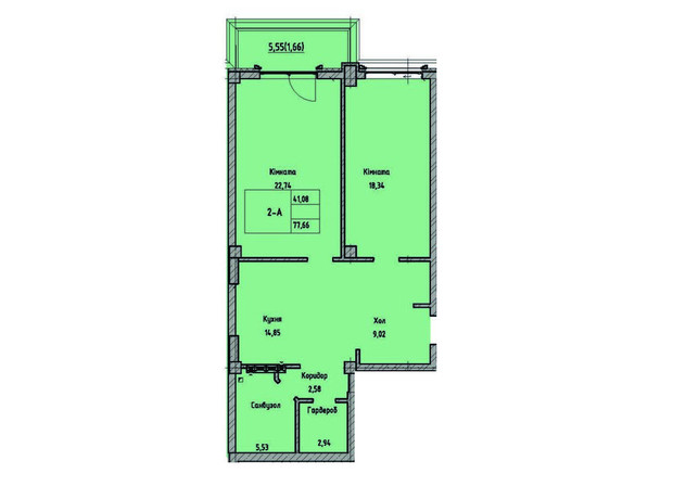 ЖК Лидерсовский: планировка 2-комнатной квартиры 77.66 м²