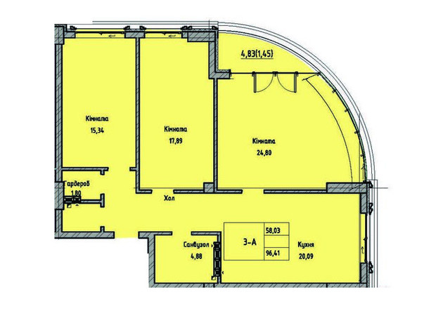 ЖК Лідерсівський: планування 3-кімнатної квартири 96.41 м²