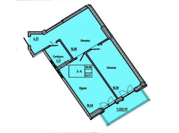ЖК Лідерсівський: планування 2-кімнатної квартири 61.71 м²