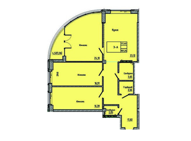 ЖК Лидерсовский: планировка 3-комнатной квартиры 107.24 м²