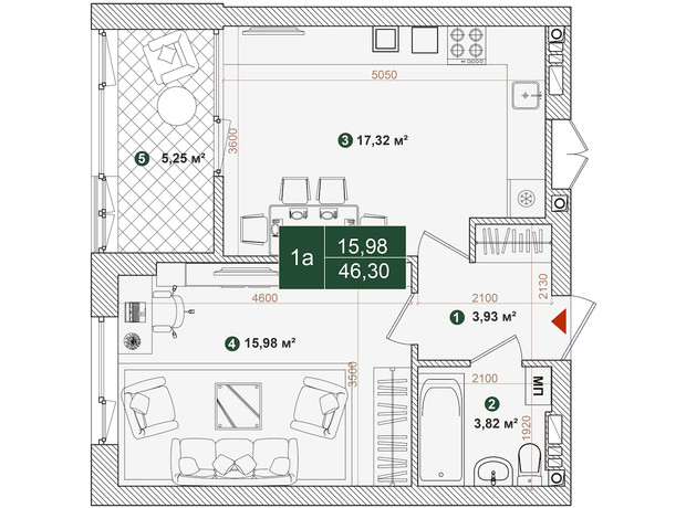 ЖК Forest Park: планировка 1-комнатной квартиры 46.3 м²