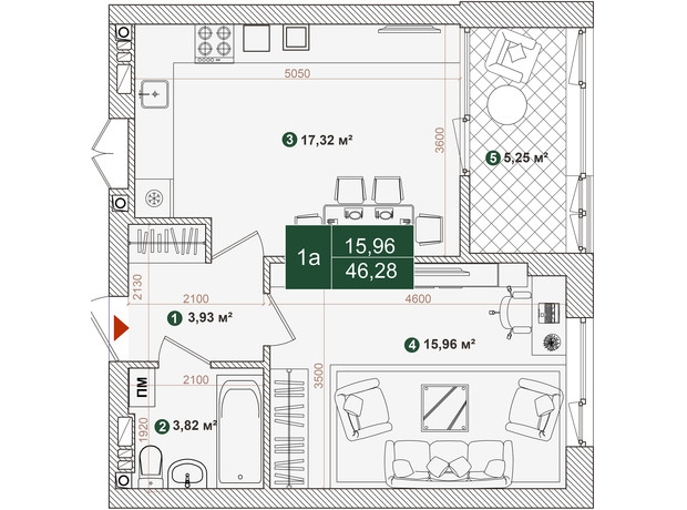 ЖК Forest Park: планування 1-кімнатної квартири 40.8 м²