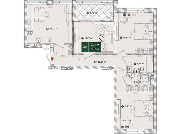 ЖК Forest Park: планування 3-кімнатної квартири 89.37 м²