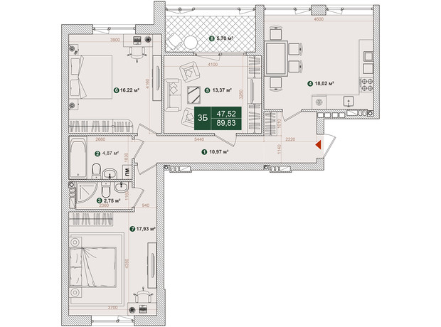 ЖК Forest Park: планування 3-кімнатної квартири 89.13 м²