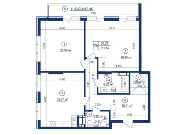 ЖК Володимирський: планування 2-кімнатної квартири 111.14 м²