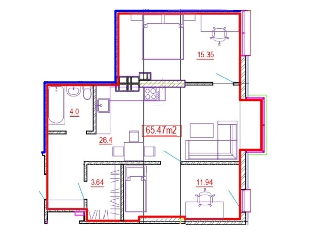 КД AcademHoff: планировка 1-комнатной квартиры 40.83 м²