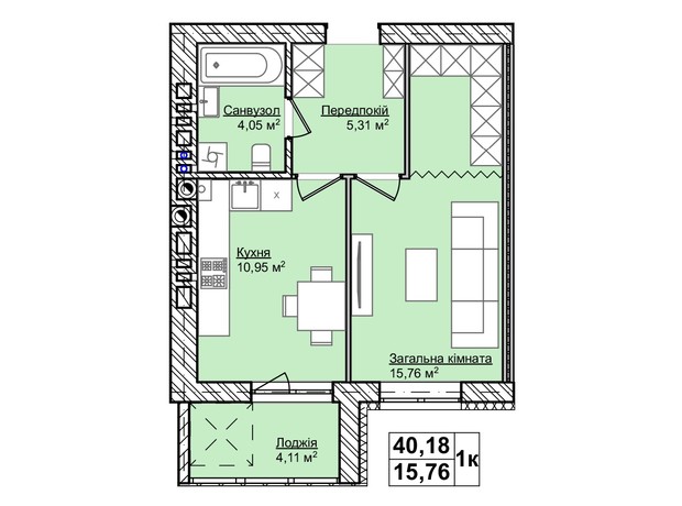 ЖК Smart Fort: планировка 1-комнатной квартиры 40.18 м²
