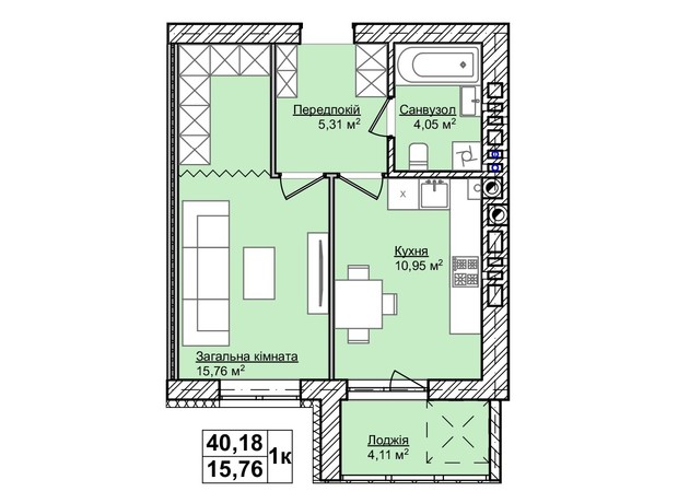 ЖК Smart Fort: планування 1-кімнатної квартири 40.18 м²