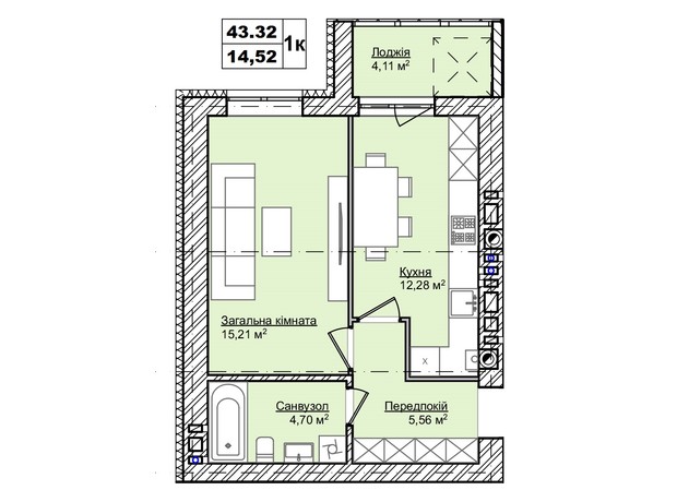 ЖК Smart Fort: планировка 1-комнатной квартиры 43.32 м²