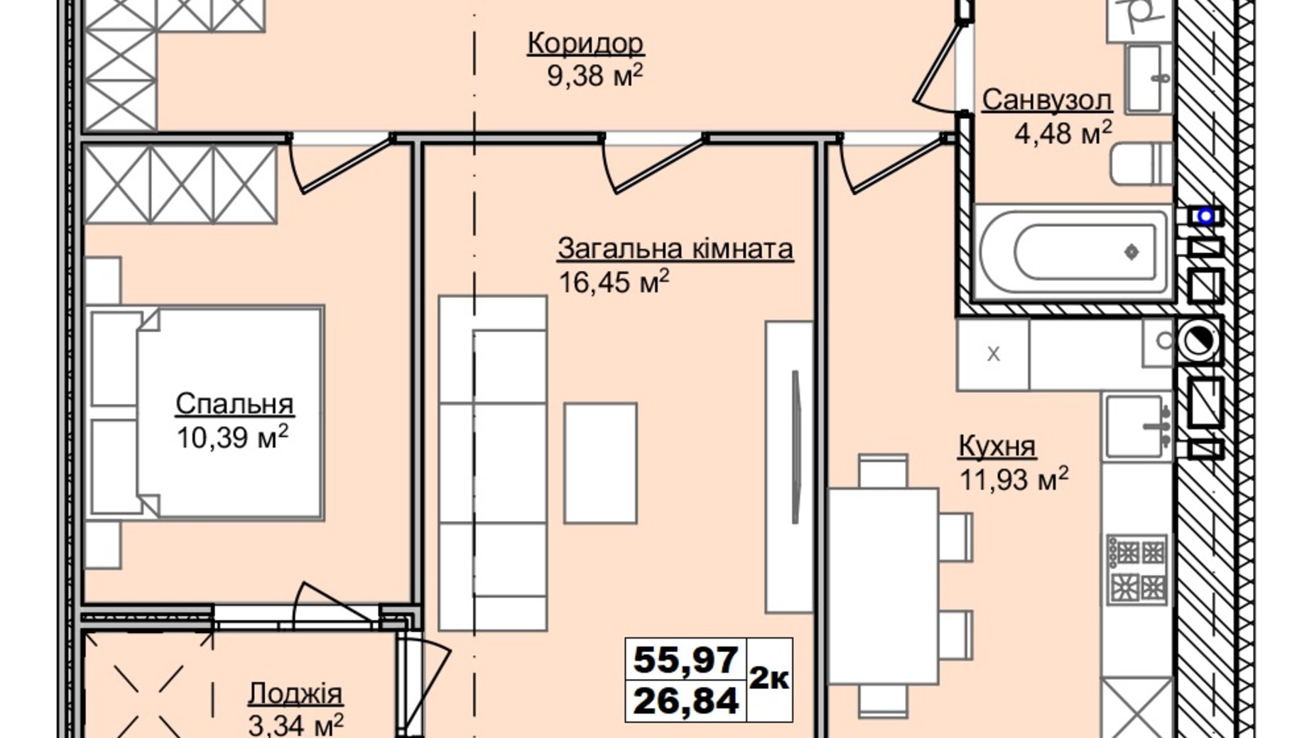 Планировка 2-комнатной квартиры в ЖК Smart Fort 55.97 м², фото 584361