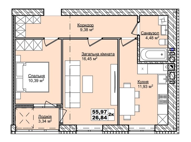 ЖК Smart Fort: планування 2-кімнатної квартири 55.97 м²