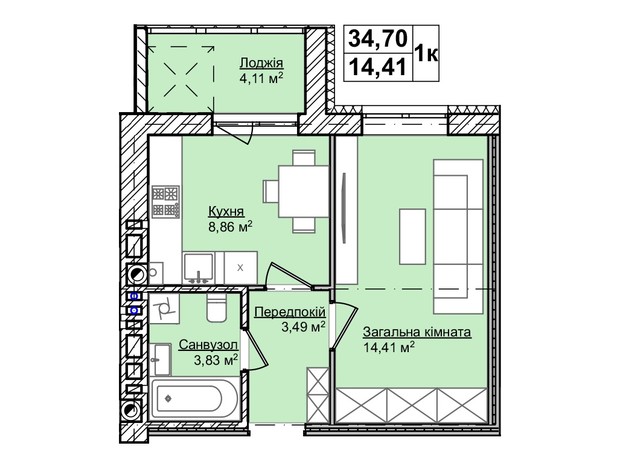 ЖК Smart Fort: планировка 1-комнатной квартиры 34.7 м²