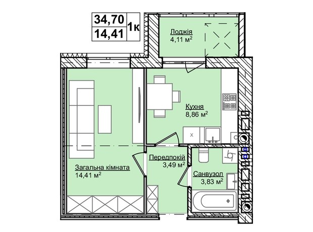 ЖК Smart Fort: планировка 1-комнатной квартиры 34.7 м²