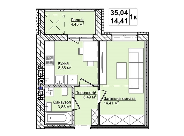 ЖК Smart Fort: планування 1-кімнатної квартири 35.04 м²