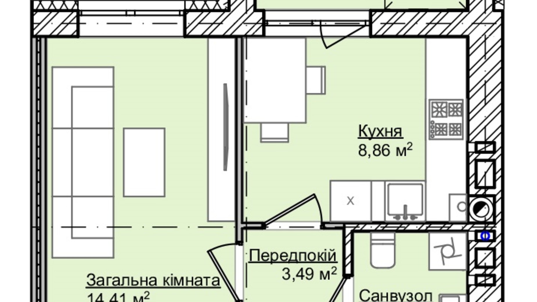 Планування 1-кімнатної квартири в ЖК Smart Fort 35.04 м², фото 584366