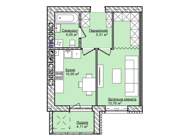 ЖК Smart Fort: планування 1-кімнатної квартири 38.71 м²