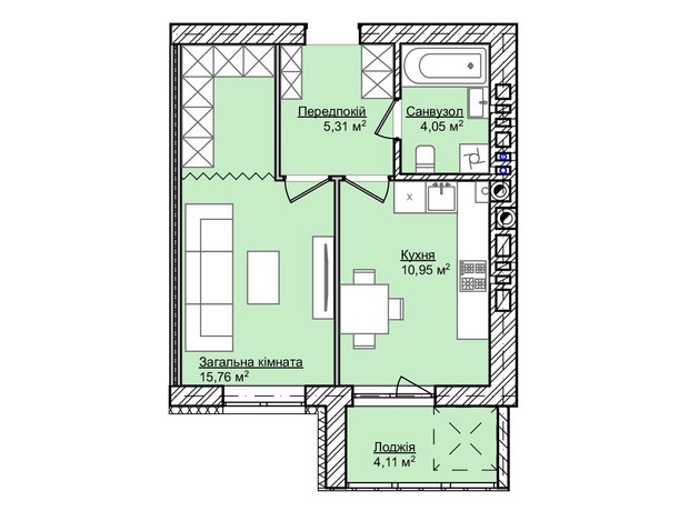 ЖК Smart Fort: планування 1-кімнатної квартири 38.71 м²