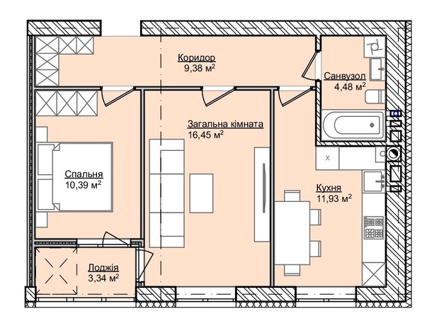 ЖК Smart Fort: планування 2-кімнатної квартири 54.01 м²