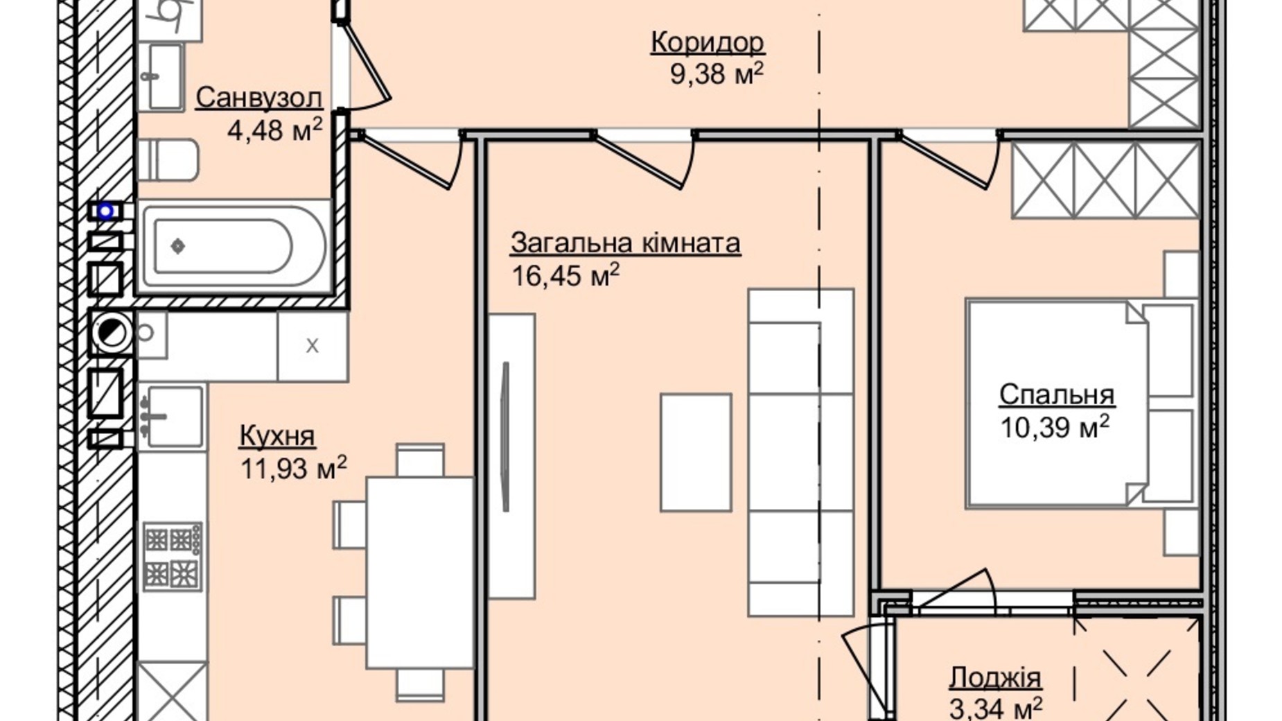Планировка 2-комнатной квартиры в ЖК Smart Fort 54.01 м², фото 584374