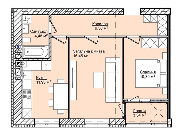 ЖК Smart Fort: планування 2-кімнатної квартири 54.01 м²