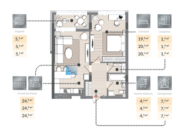 ЖК Luxberry lakes & forest: планировка 1-комнатной квартиры 63.6 м²