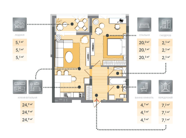 ЖК Luxberry lakes & forest: планировка 1-комнатной квартиры 63.8 м²