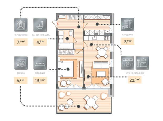 ЖК Luxberry lakes & forest: планування 1-кімнатної квартири 64.6 м²