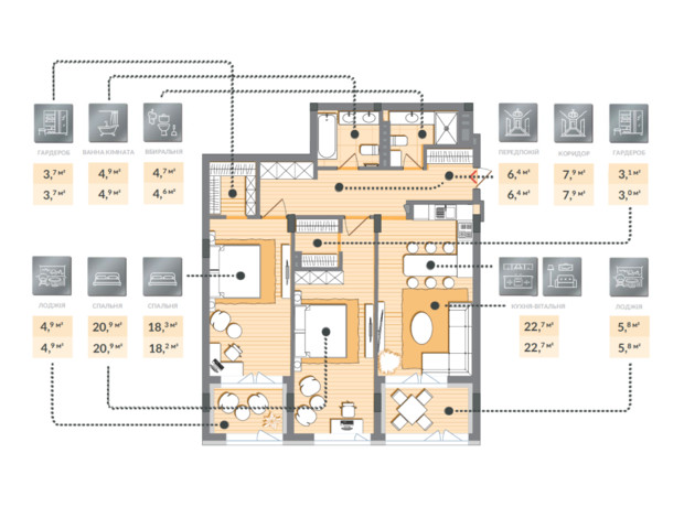 ЖК Luxberry lakes & forest: планування 2-кімнатної квартири 103.3 м²