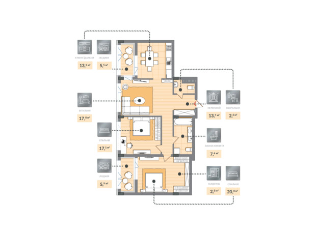 ЖК Luxberry lakes & forest: планировка 3-комнатной квартиры 102.3 м²