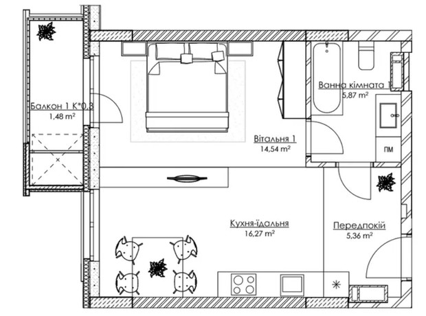 ЖК Boston Creative House: планування 1-кімнатної квартири 44.29 м²