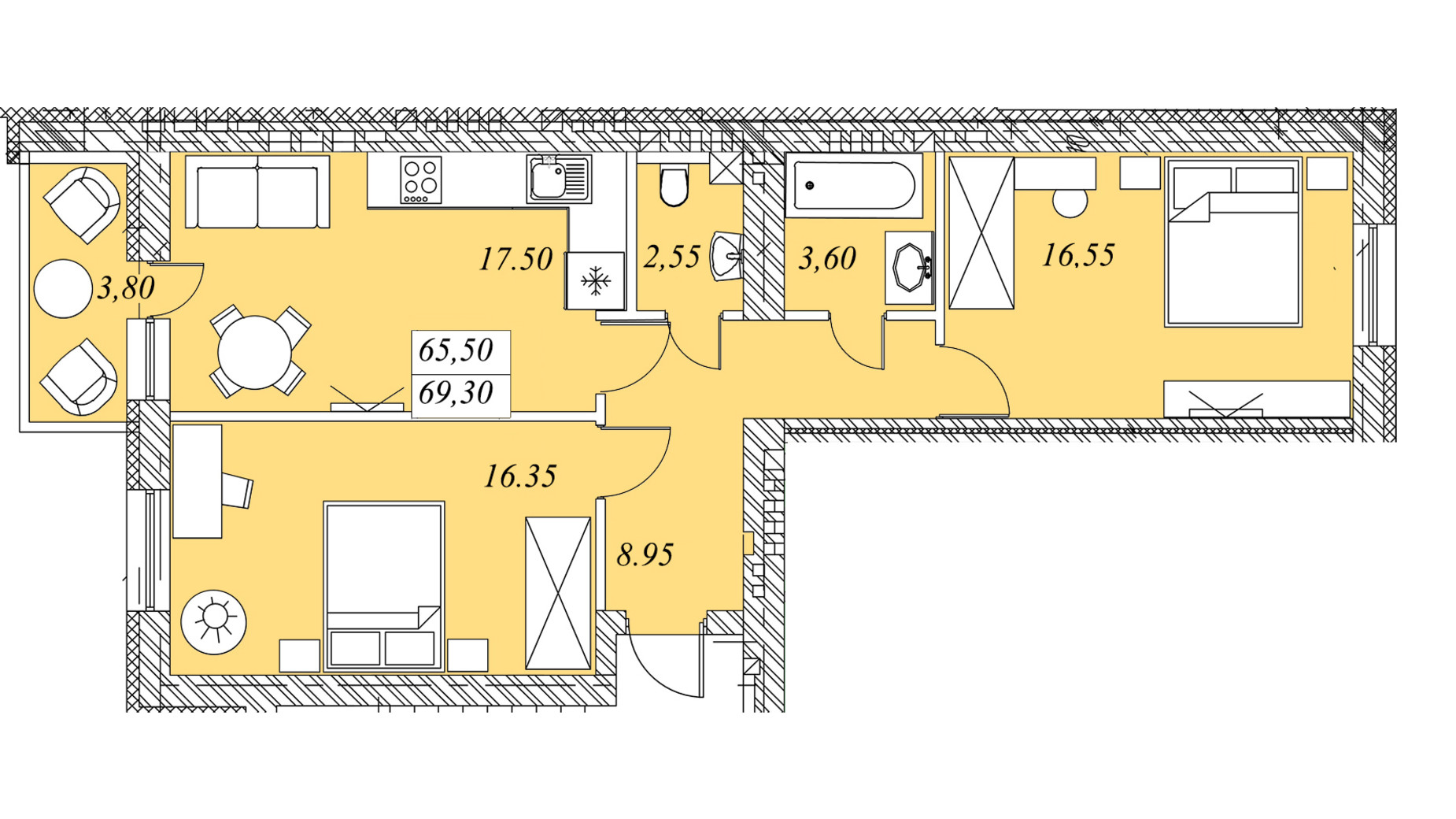 Планування 2-кімнатної квартири в ЖК на Шептицького 69.3 м², фото 584906